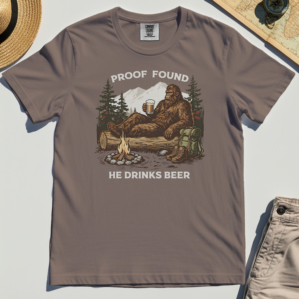Funny Bigfoot "Proof Found He Drinks Beer" Camping Comfort Tee, Sasquatch Beer Lover Comfort Color Tee For Campers 6