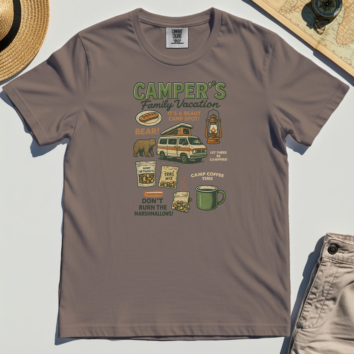 Camper’s Family Vacation Comfort Tee, Funny Outdoor Campfire Coffee Trail Mix Adventure Comfort Color Tee 6