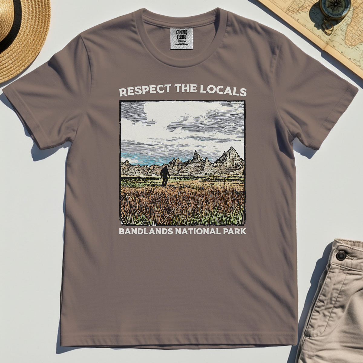 Sasquatch Respect The Locals Comfort Tee, Bigfoot Hiking Through Badlands National Park Comfort Color Tees 5