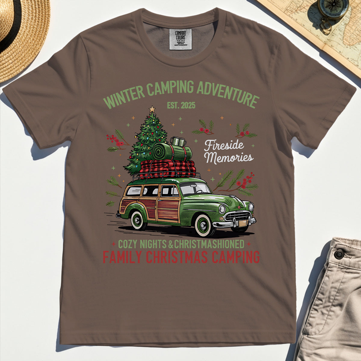 Winter Camping Adventure Comfort Tee, Retro Car with Tree Family Christmas Camping Comfort Color Tee 5
