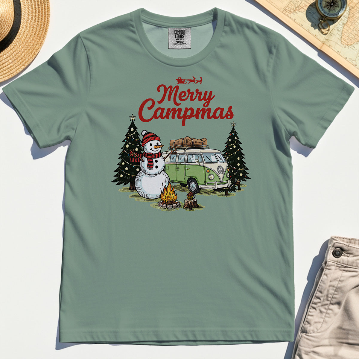 Funny Merry Christmas Camping Comfort Tee, Retro Camper Van Snowman Campfire Comfort Color Tee For Outdoor Lovers 4