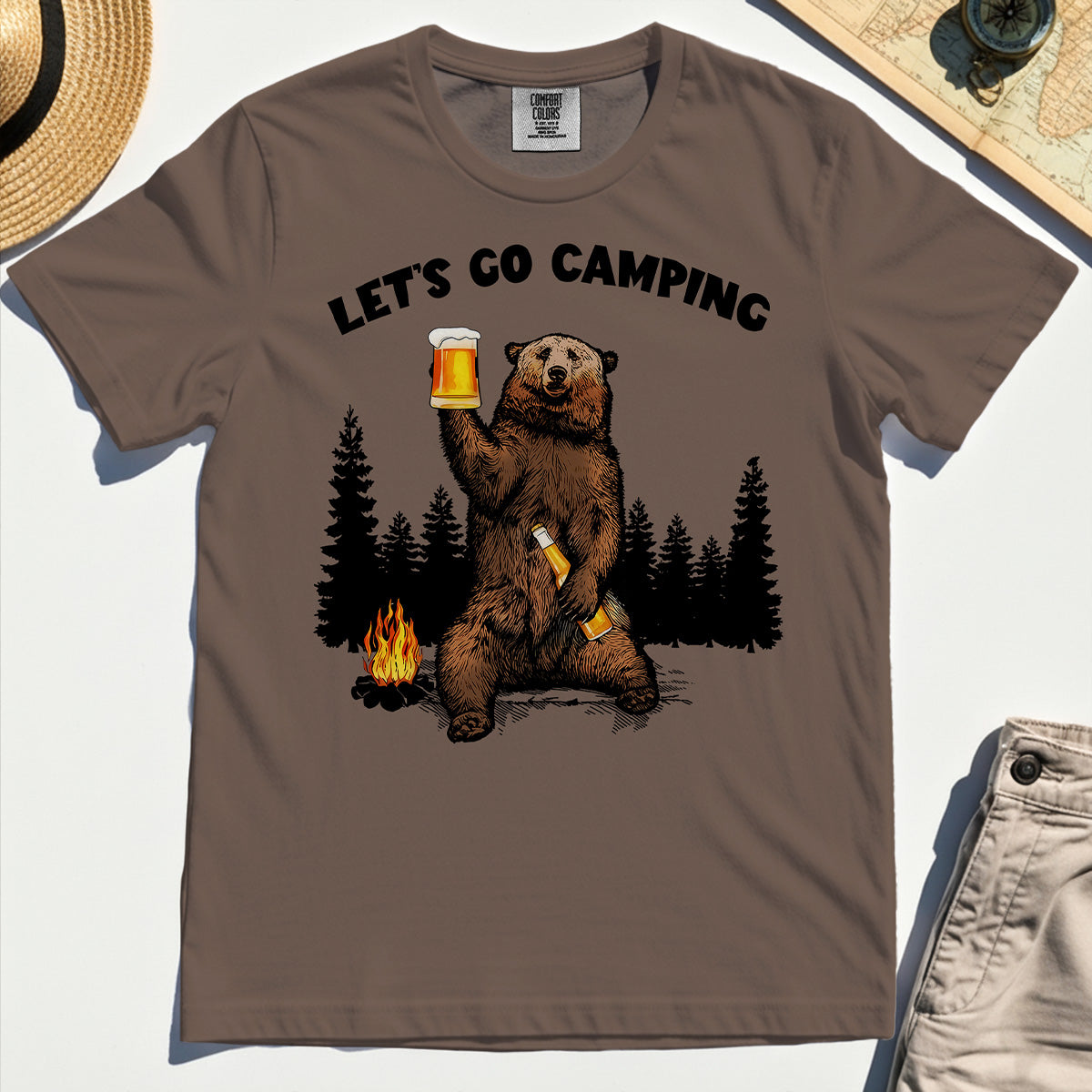 Let’s Go Camping Comfort Tee, Funny Beer Drinking Bear Graphic Comfort Color Tee For Outdoor & Camping Lovers 6