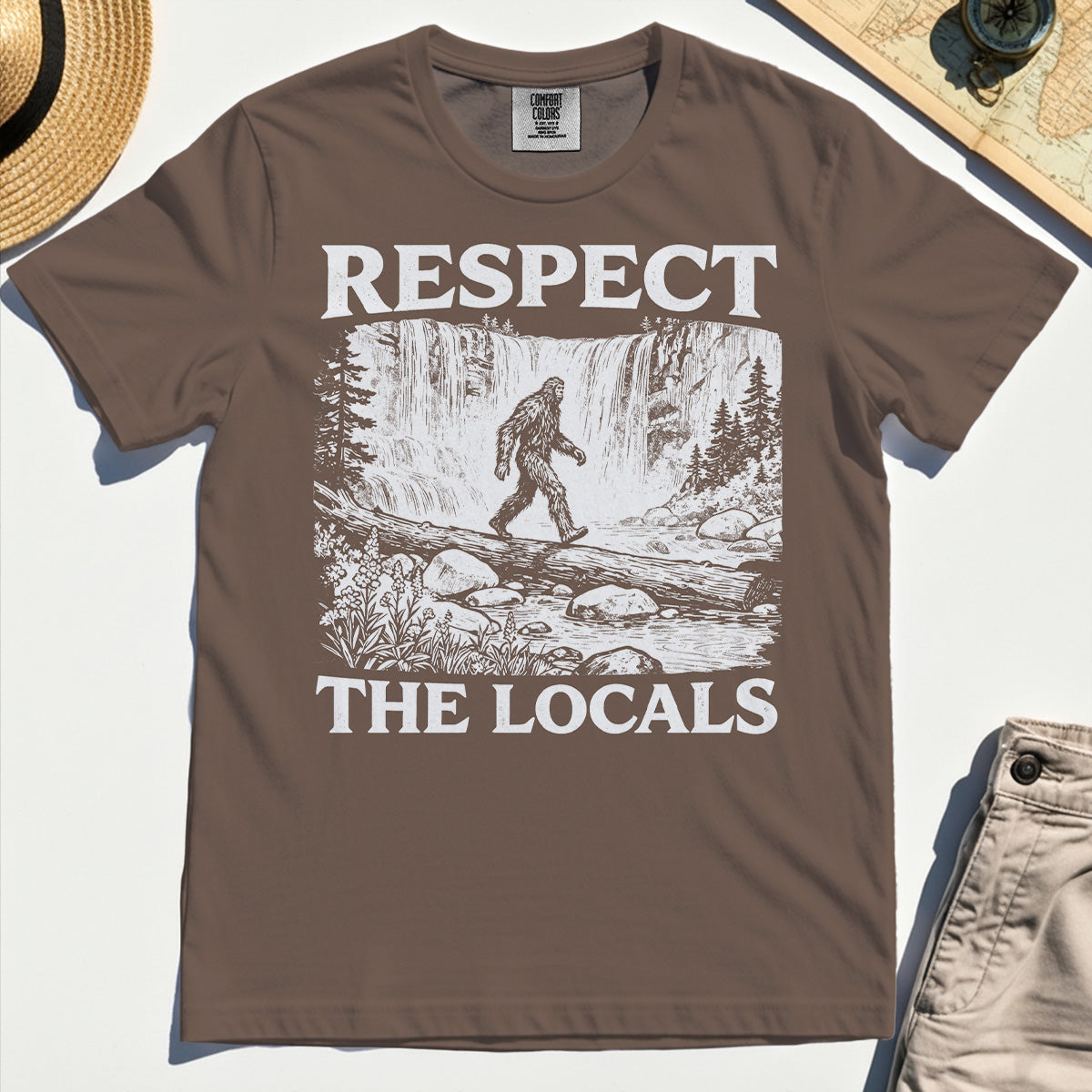 Bigfoot Respect The Locals Comfort Tee, Vintage Waterfall Hiking Graphic Comfort Color Tees For Camper And Adventurers 5