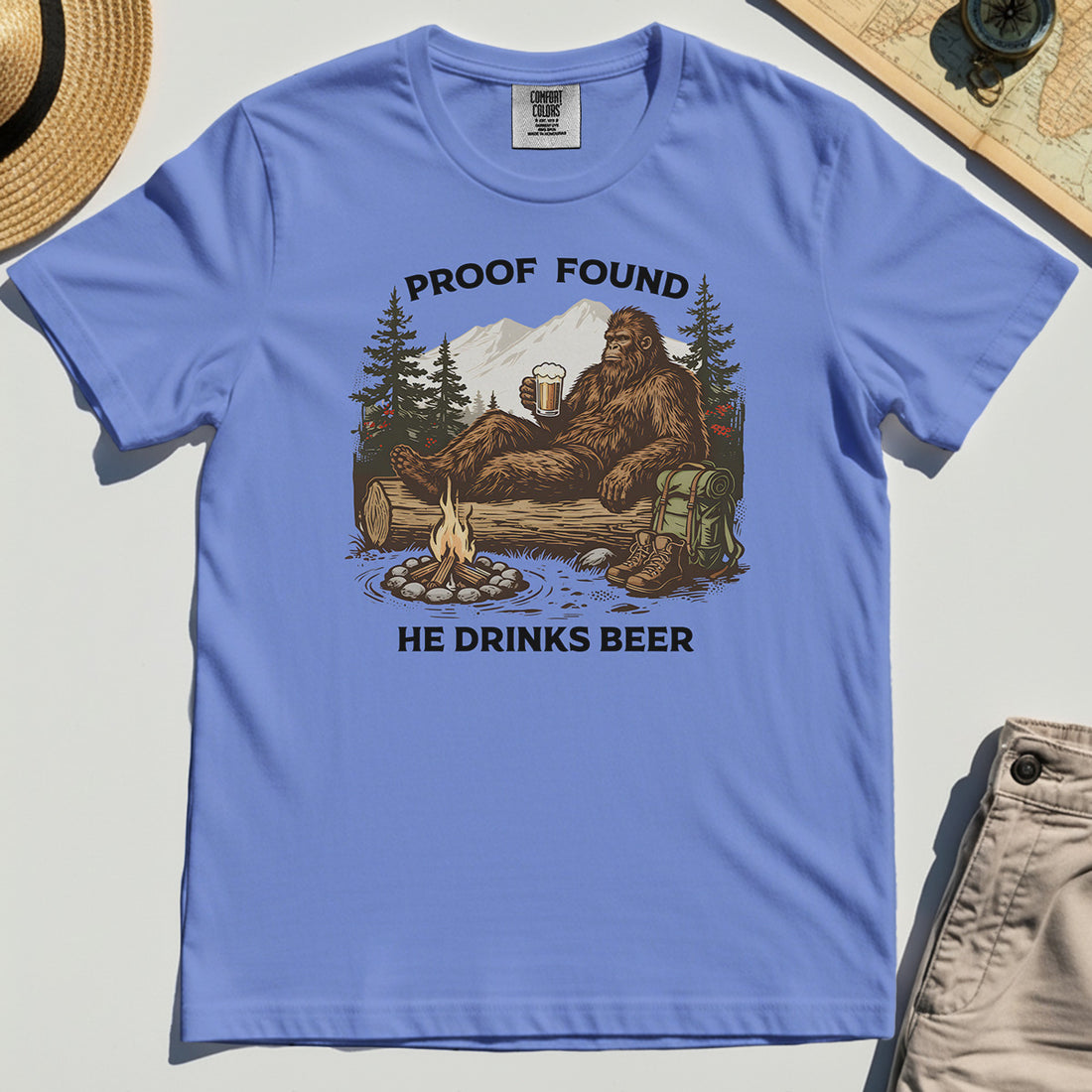 Funny Bigfoot "Proof Found He Drinks Beer" Camping Comfort Tee, Sasquatch Beer Lover Comfort Color Tee For Campers 1