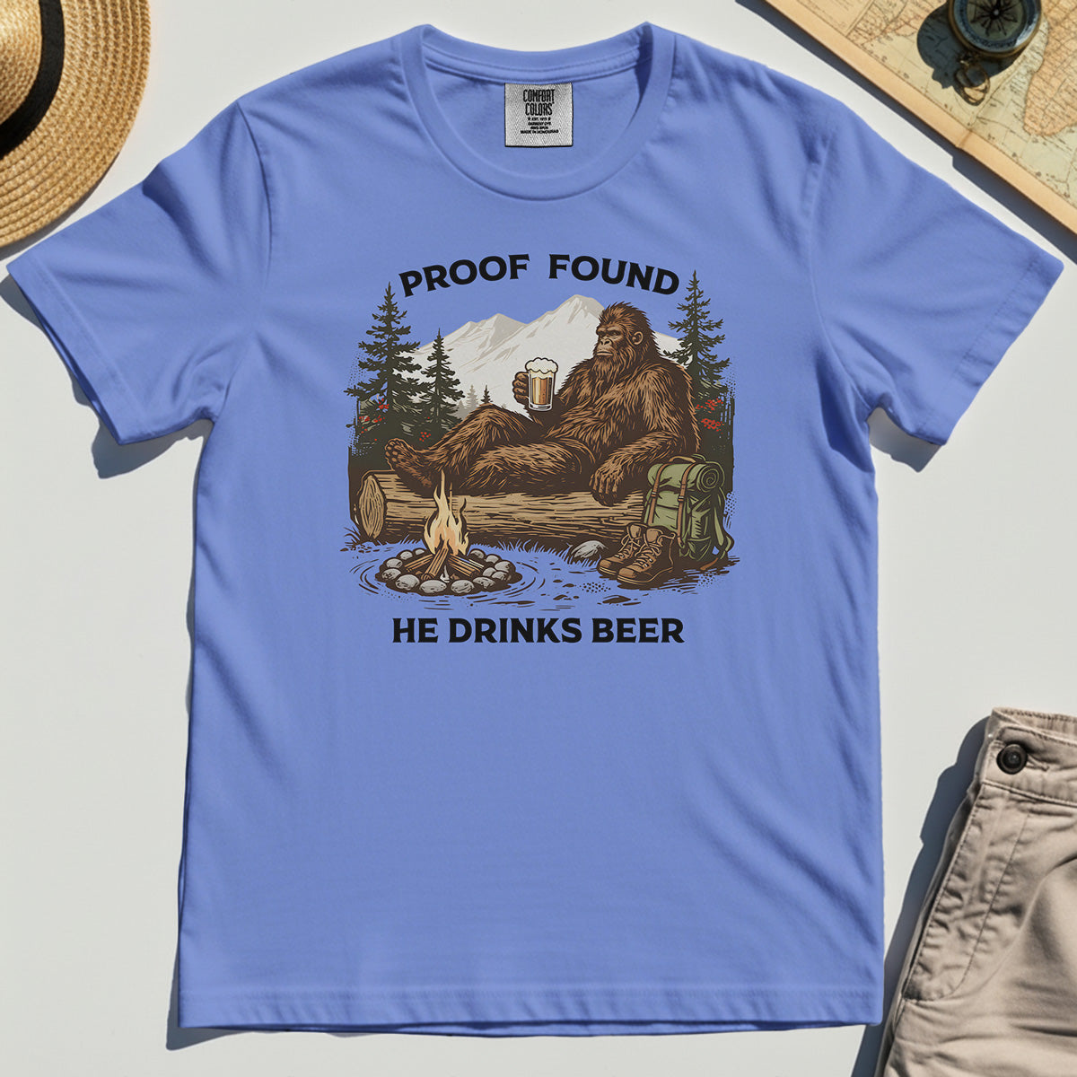 Funny Bigfoot "Proof Found He Drinks Beer" Camping Comfort Tee, Sasquatch Beer Lover Comfort Color Tee For Campers 1