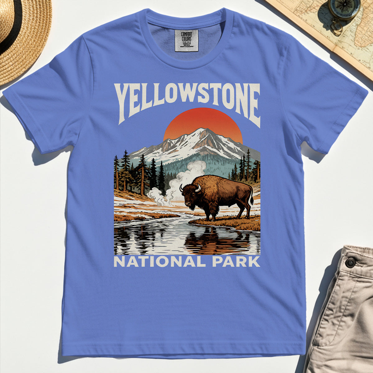 Yellowstone National Park Comfort Tee, Vintage Bison Sunset Mountain Comfort Color Tees For Campers 6