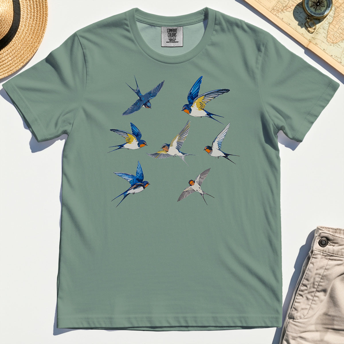 Elegant Flying Swallows Comfort Tee, Minimalist Wildlife Camping Graphic Comfort Tee Gift For Nature Campers 3