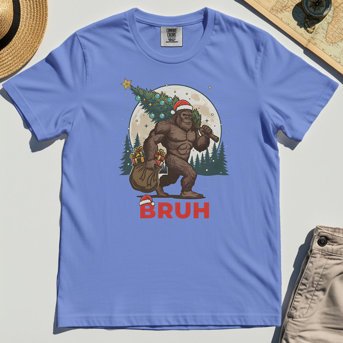 Bigfoot Christmas "BRUH" Comfort Tee, Retro Santa Hat Sasquatch Carrying Christmas Tree Comfort Color Tee 7