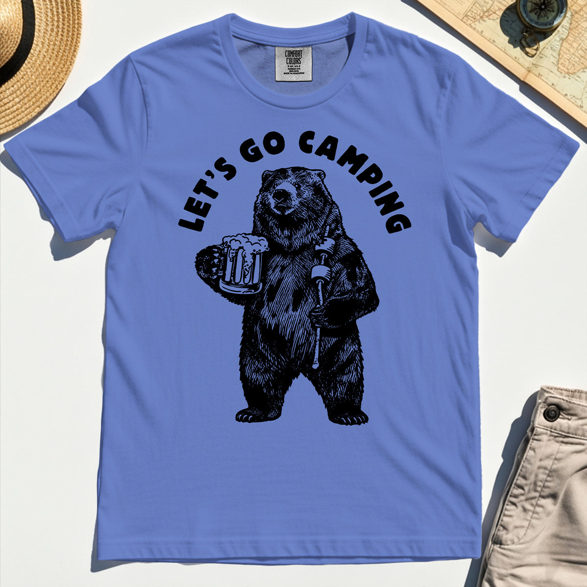 Let’s Go Camping Funny Bear Drinking Beer Comfort Tee, Beer Lover Comfort Color Tee For Outdoor Adventure & Camping Fans 7