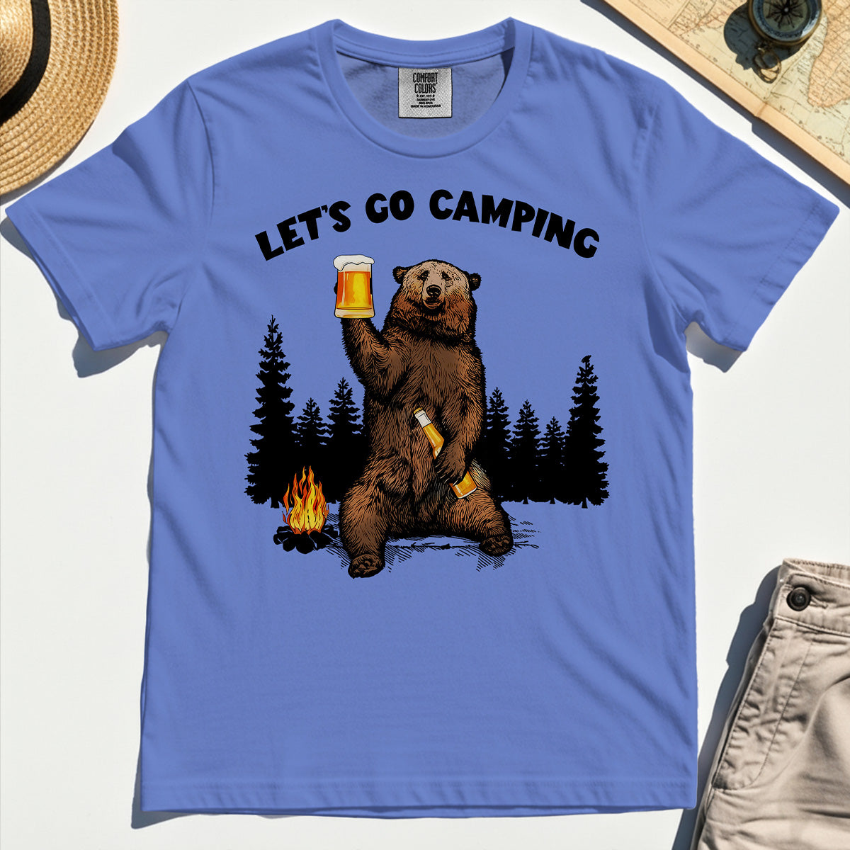 Let’s Go Camping Comfort Tee, Funny Beer Drinking Bear Graphic Comfort Color Tee For Outdoor & Camping Lovers 7