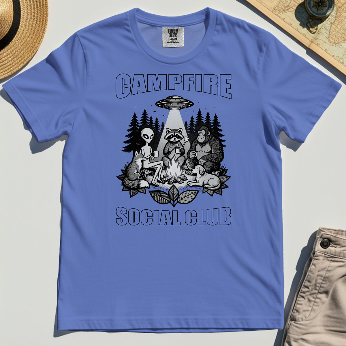 Campfire Social Club With Alien, Bigfoot, UFO And Raccoon Comfort Color Tee 6