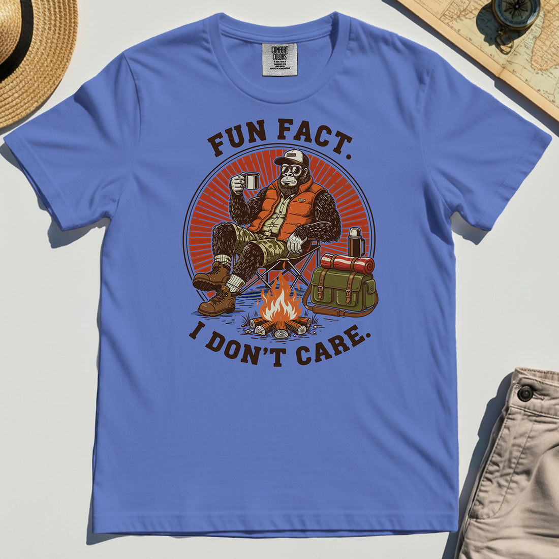Funny Bigfoot Camping Comfort Tee, "Fun Fact I Don’t Care” 1