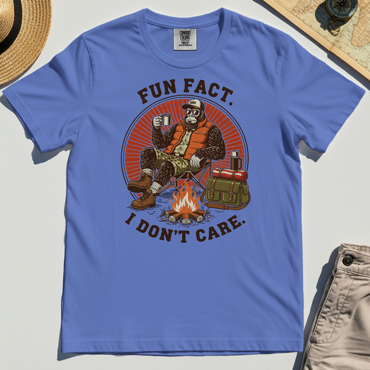 Funny Bigfoot Camping Comfort Tee, "Fun Fact I Don’t Care” 1