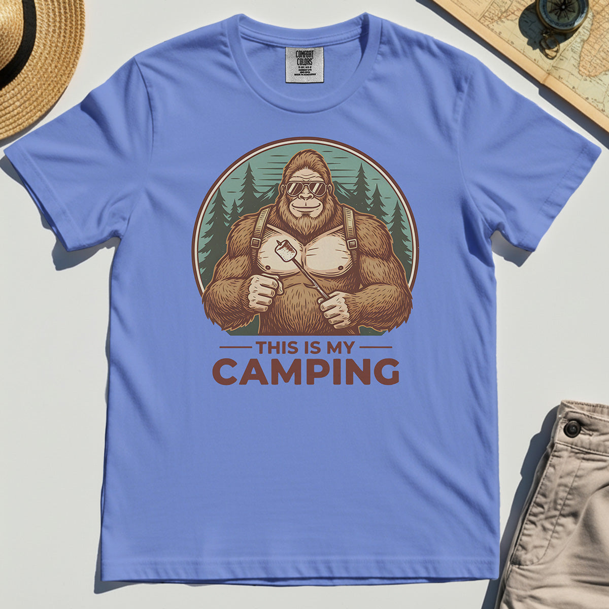 Funny Bigfoot Camping Comfort Tee "This Is My Camping”, Sasquatch With Marshmallow Comfort Tee 7