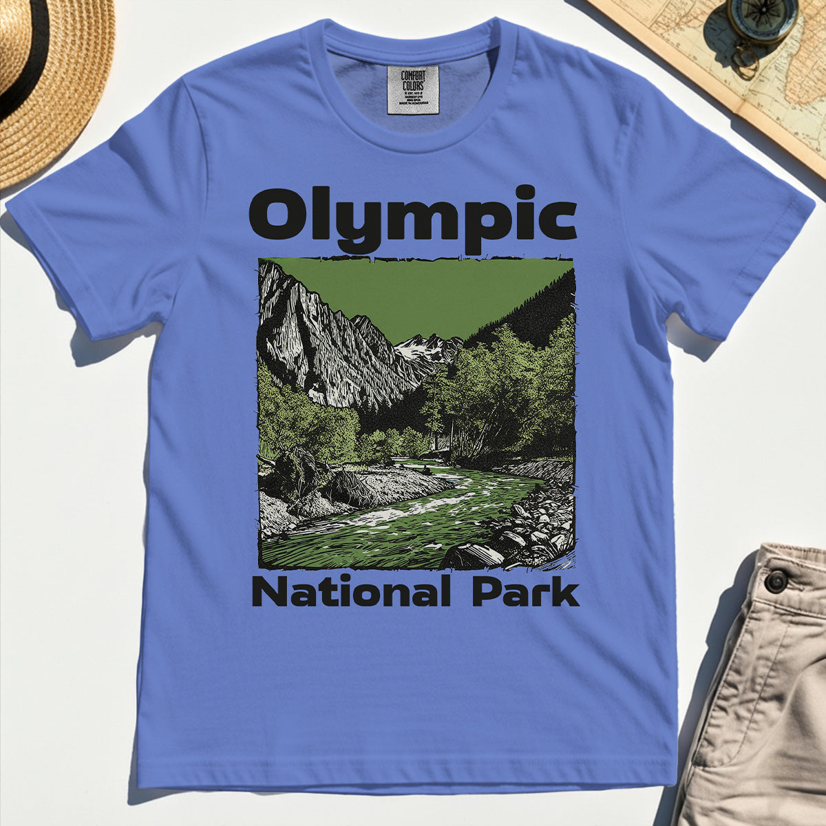 Olympic National Park Comfort Tee, Vintage Mountain River Scene Comfort Color Tee For Outdoor Adventure Campers 6