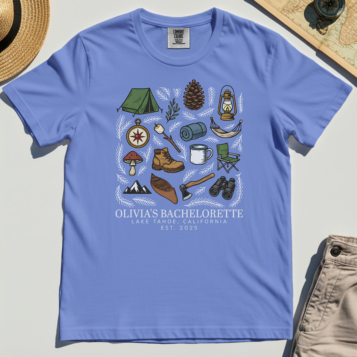 Bachelorette Camping Trip Comfort Tee, Bride Tribe Camping Trip Comfort Color Tees For Lake Tahoe 7