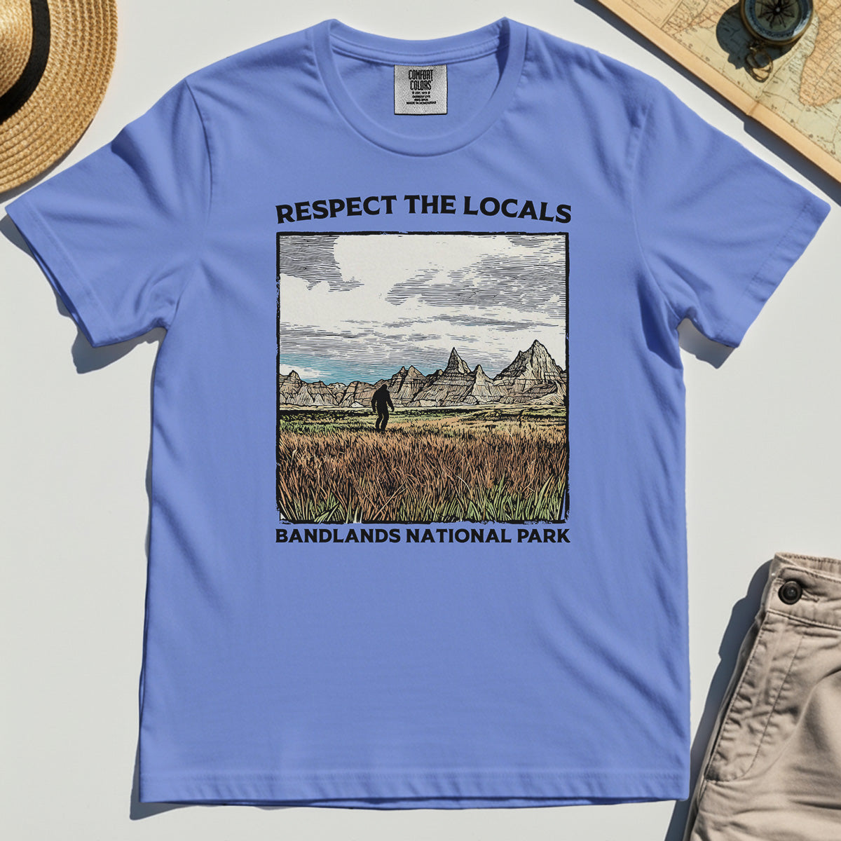Sasquatch Respect The Locals Comfort Tee, Bigfoot Hiking Through Badlands National Park Comfort Color Tees 6