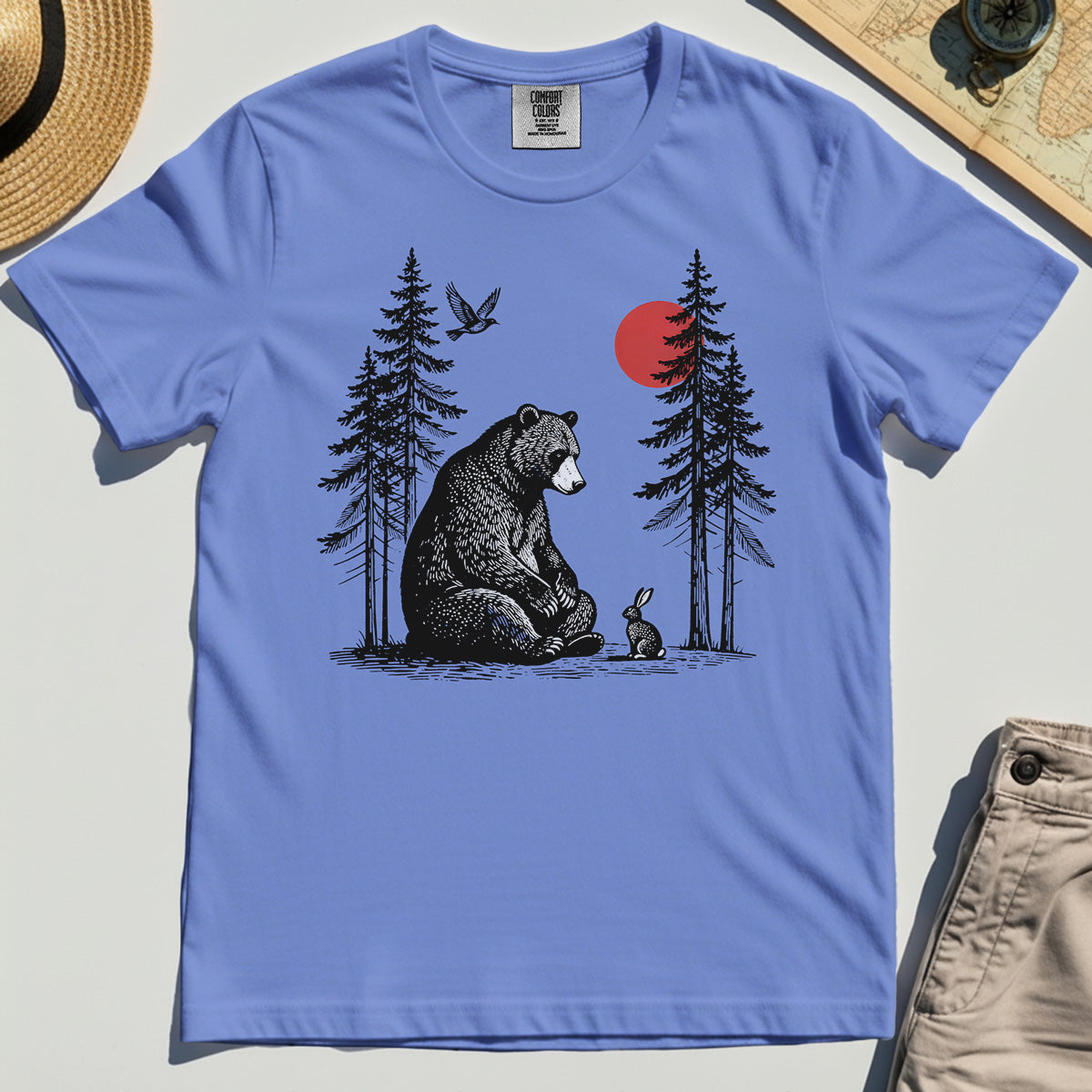 Bear and Bunny Under Red Sun Comfort Tee, Vintage Forest Nature Graphic Comfort Color Tee, Wildlife Art Comfort Tee For Outdoor Lovers 6