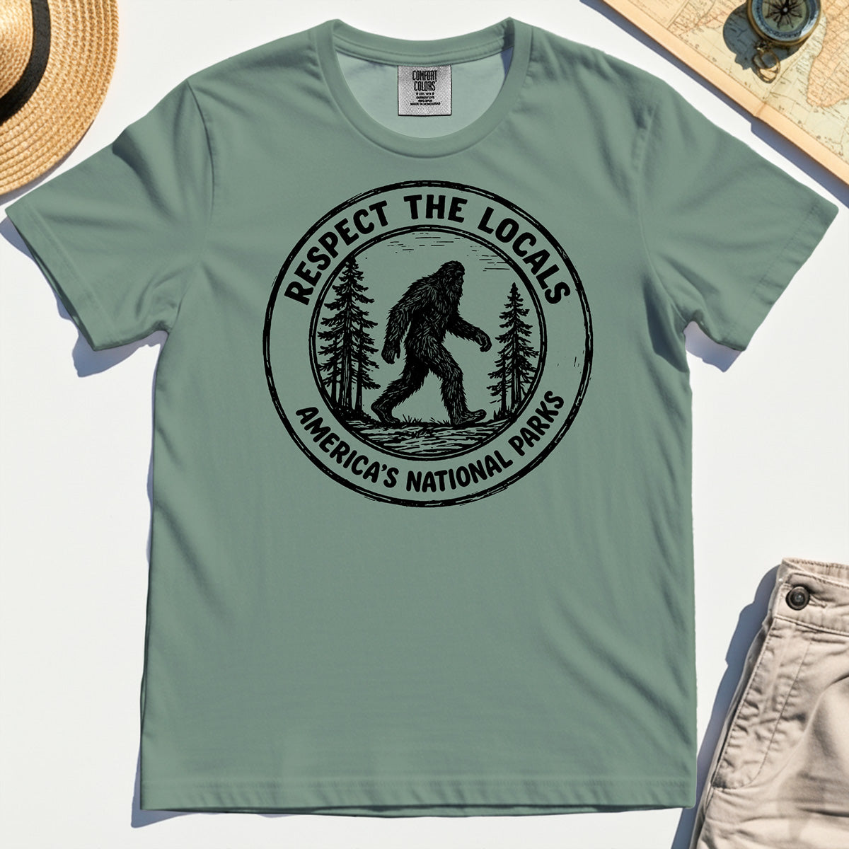 Retro Respect the Locals Bigfoot Comfort Tee, Funny Sasquatch National Park Camping Comfort Color Tees 3