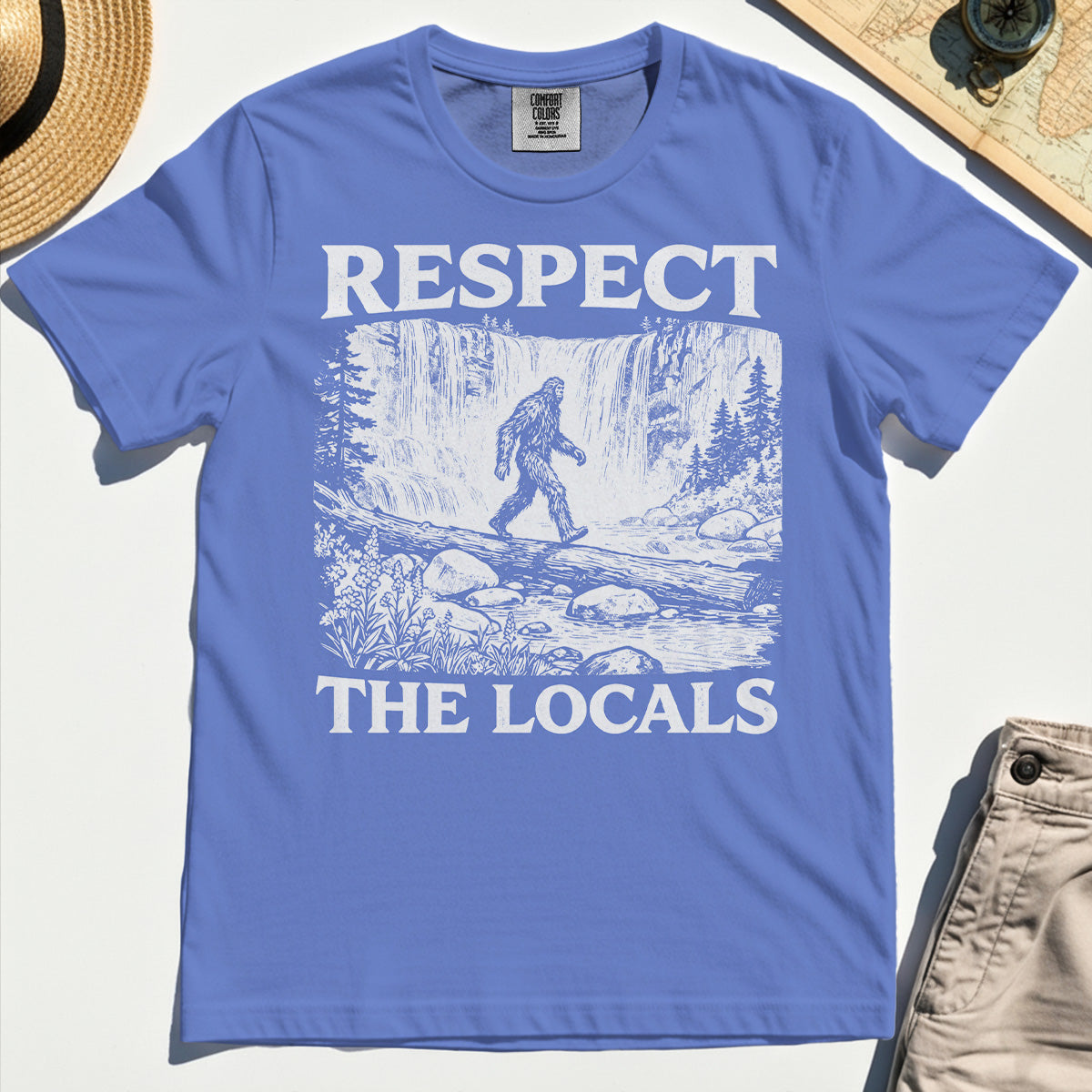 Bigfoot Respect The Locals Comfort Tee, Vintage Waterfall Hiking Graphic Comfort Color Tees For Camper And Adventurers 6