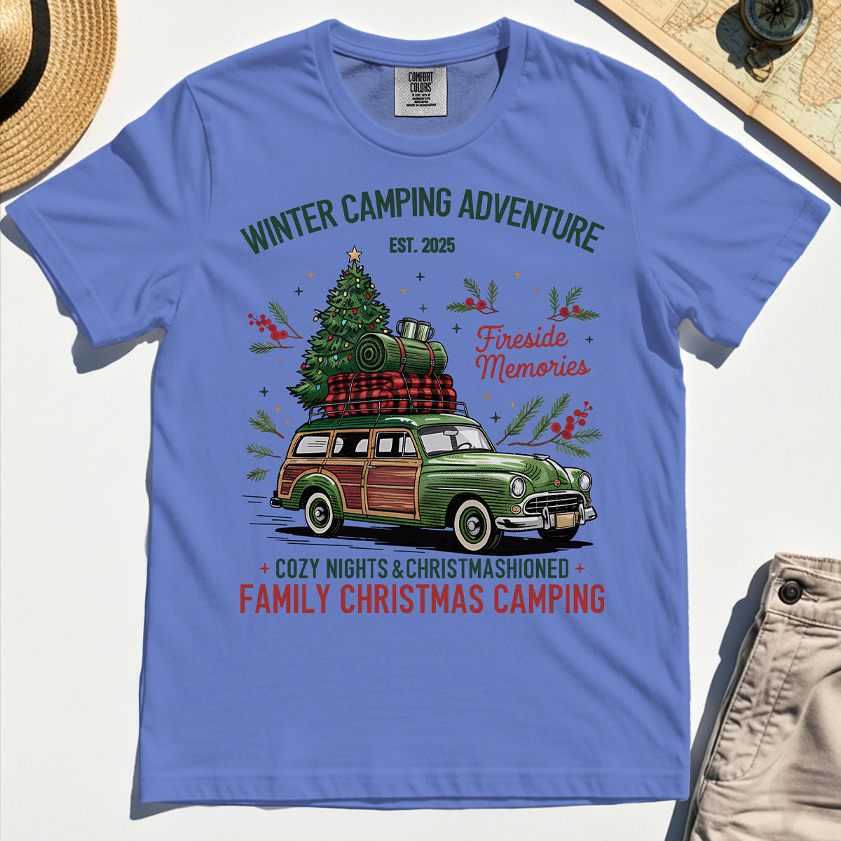 Winter Camping Adventure Comfort Tee, Retro Car with Tree Family Christmas Camping Comfort Color Tee 6