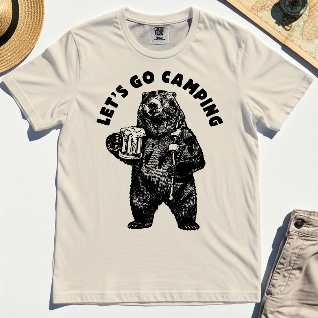 Let’s Go Camping Funny Bear Drinking Beer Comfort Tee, Beer Lover Comfort Color Tee For Outdoor Adventure & Camping Fans 1