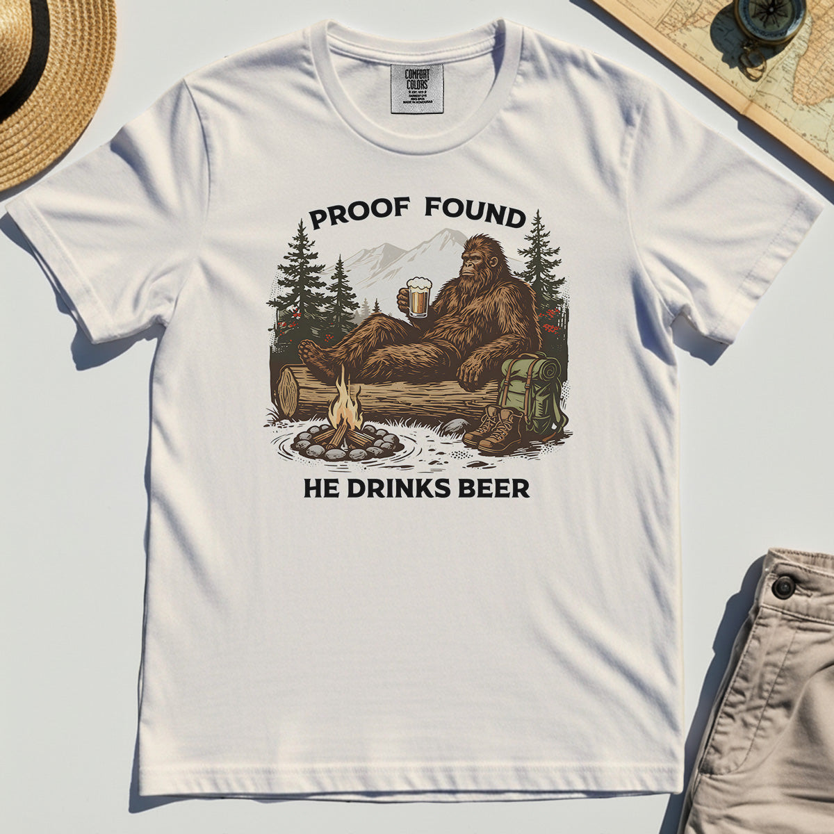 Funny Bigfoot "Proof Found He Drinks Beer" Camping Comfort Tee, Sasquatch Beer Lover Comfort Color Tee For Campers 7