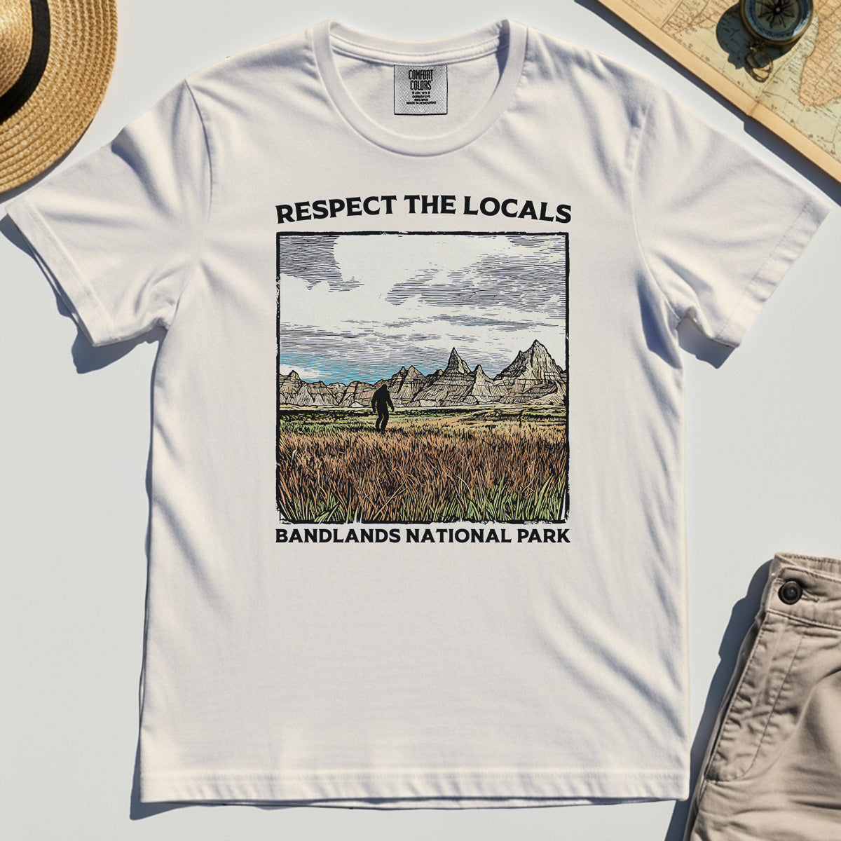 Sasquatch Respect The Locals Comfort Tee, Bigfoot Hiking Through Badlands National Park Comfort Color Tees 7