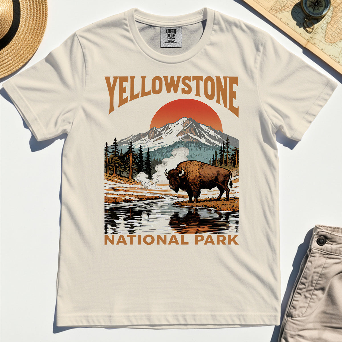 Yellowstone National Park Comfort Tee, Vintage Bison Sunset Mountain Comfort Color Tees For Campers 7