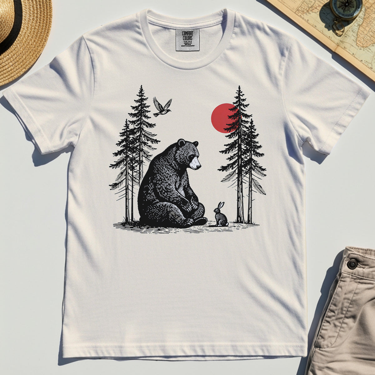 Bear and Bunny Under Red Sun Comfort Tee, Vintage Forest Nature Graphic Comfort Color Tee, Wildlife Art Comfort Tee For Outdoor Lovers 7