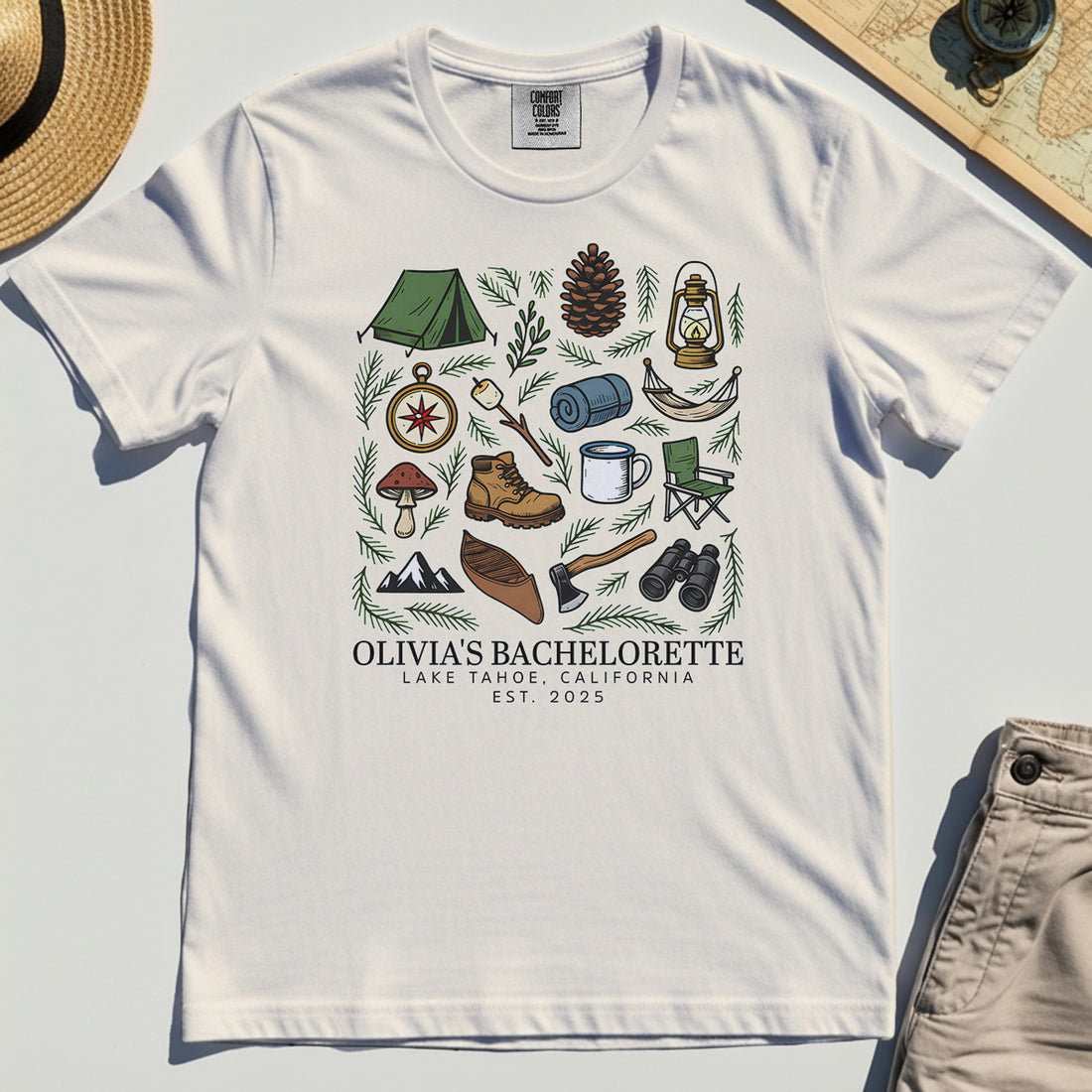 Bachelorette Camping Trip Comfort Tee, Bride Tribe Camping Trip Comfort Color Tees For Lake Tahoe 1