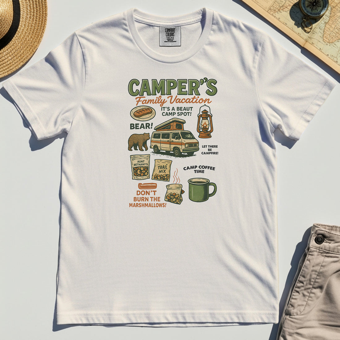 Camper’s Family Vacation Comfort Tee, Funny Outdoor Campfire Coffee Trail Mix Adventure Comfort Color Tee 1