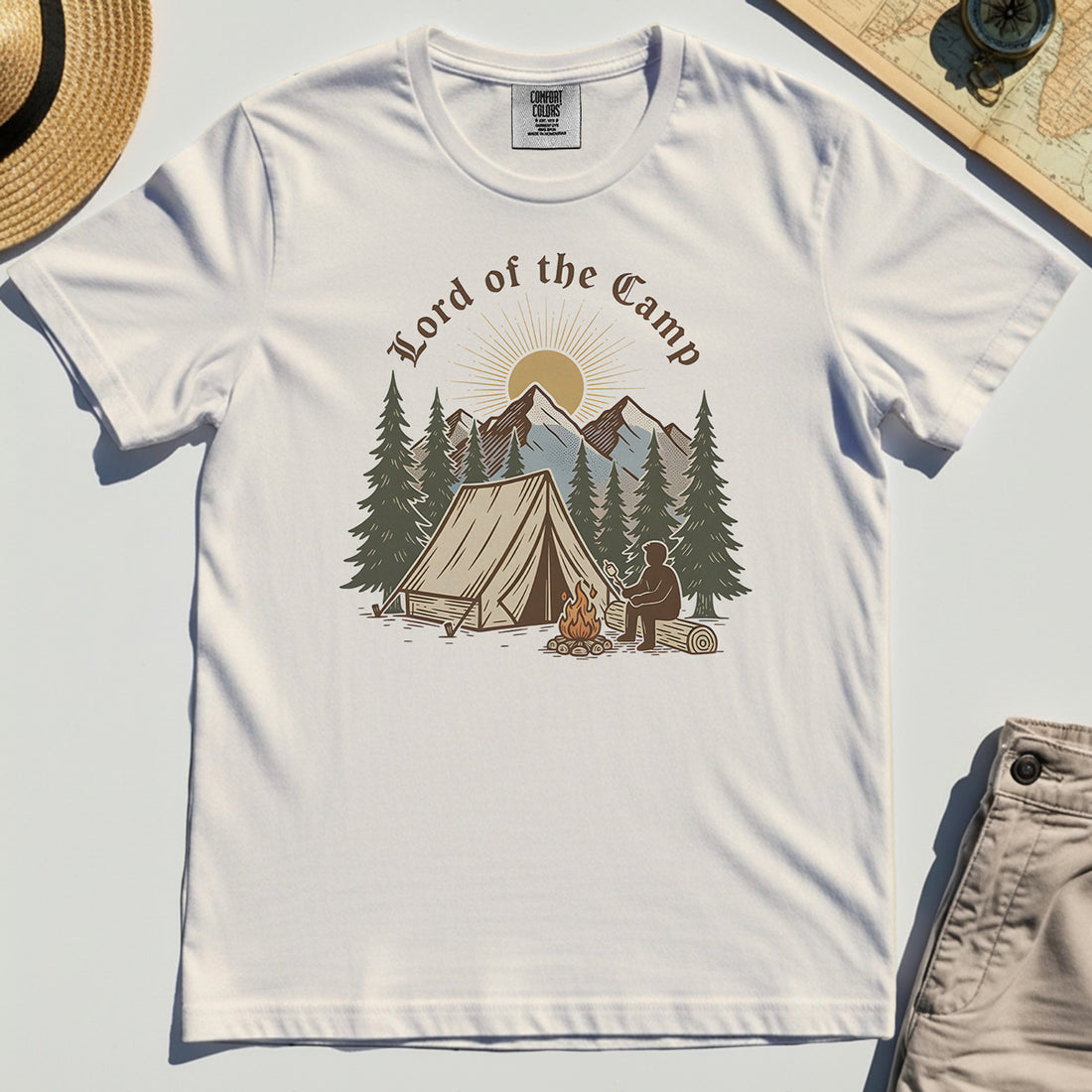 Vintage Lord of the Camp Campfire Comfort Tee, Tent And Campfire Mountain Scene Comfort Color Tee 1