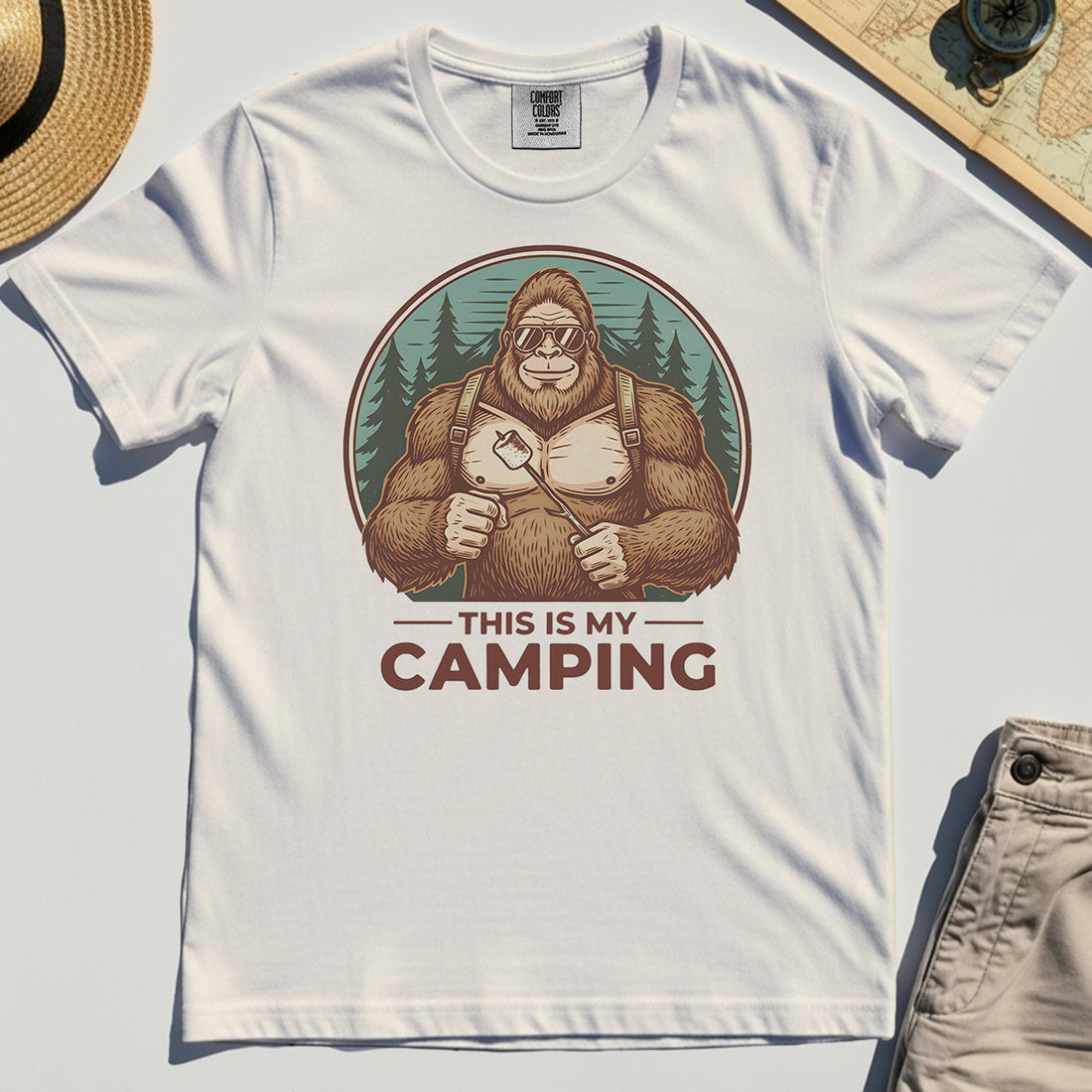 Funny Bigfoot Camping Comfort Tee "This Is My Camping”, Sasquatch With Marshmallow Comfort Tee 1