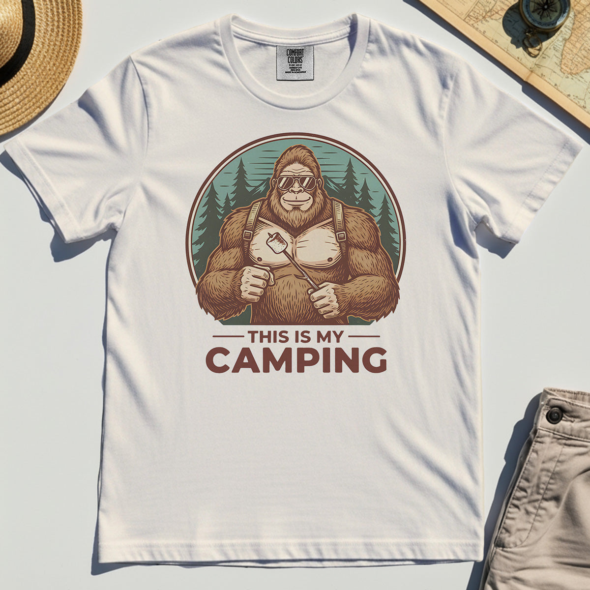 Funny Bigfoot Camping Comfort Tee "This Is My Camping”, Sasquatch With Marshmallow Comfort Tee 2