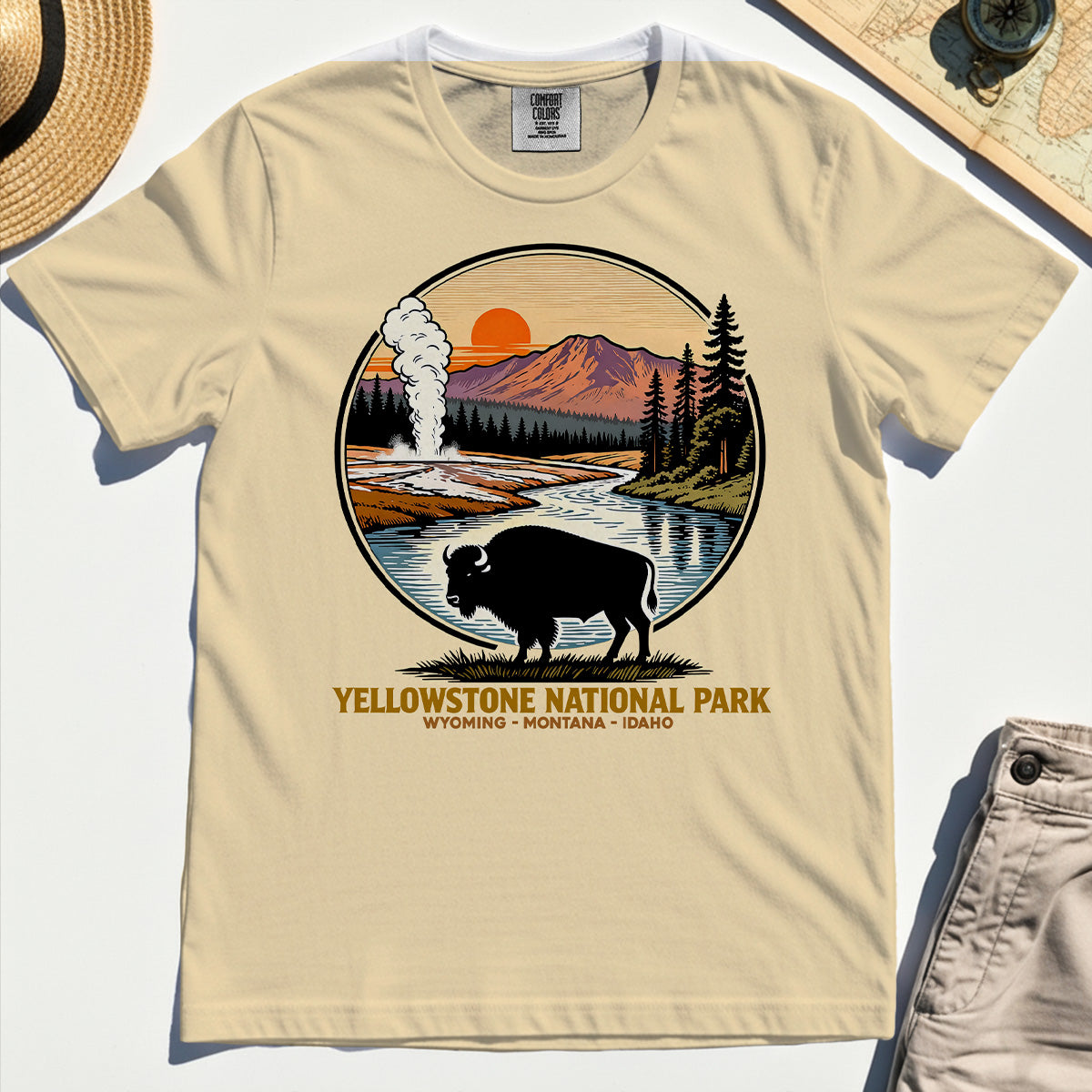Retro Yellowstone National Park Comfort Tee, Bison Silhouette Outdoor Adventure Comfort Color Tee For Nature Campers 8