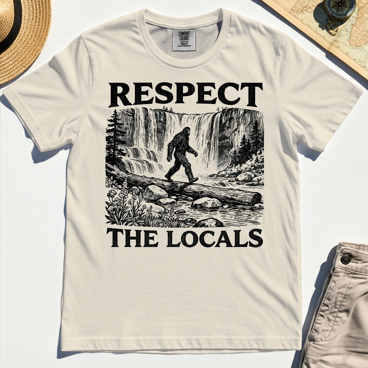 Bigfoot Respect The Locals Comfort Tee, Vintage Waterfall Hiking Graphic Comfort Color Tees For Camper And Adventurers 7