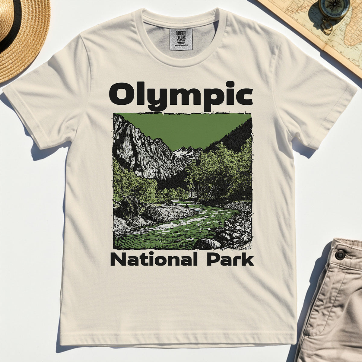 Olympic National Park Comfort Tee, Vintage Mountain River Scene Comfort Color Tee For Outdoor Adventure Campers 7