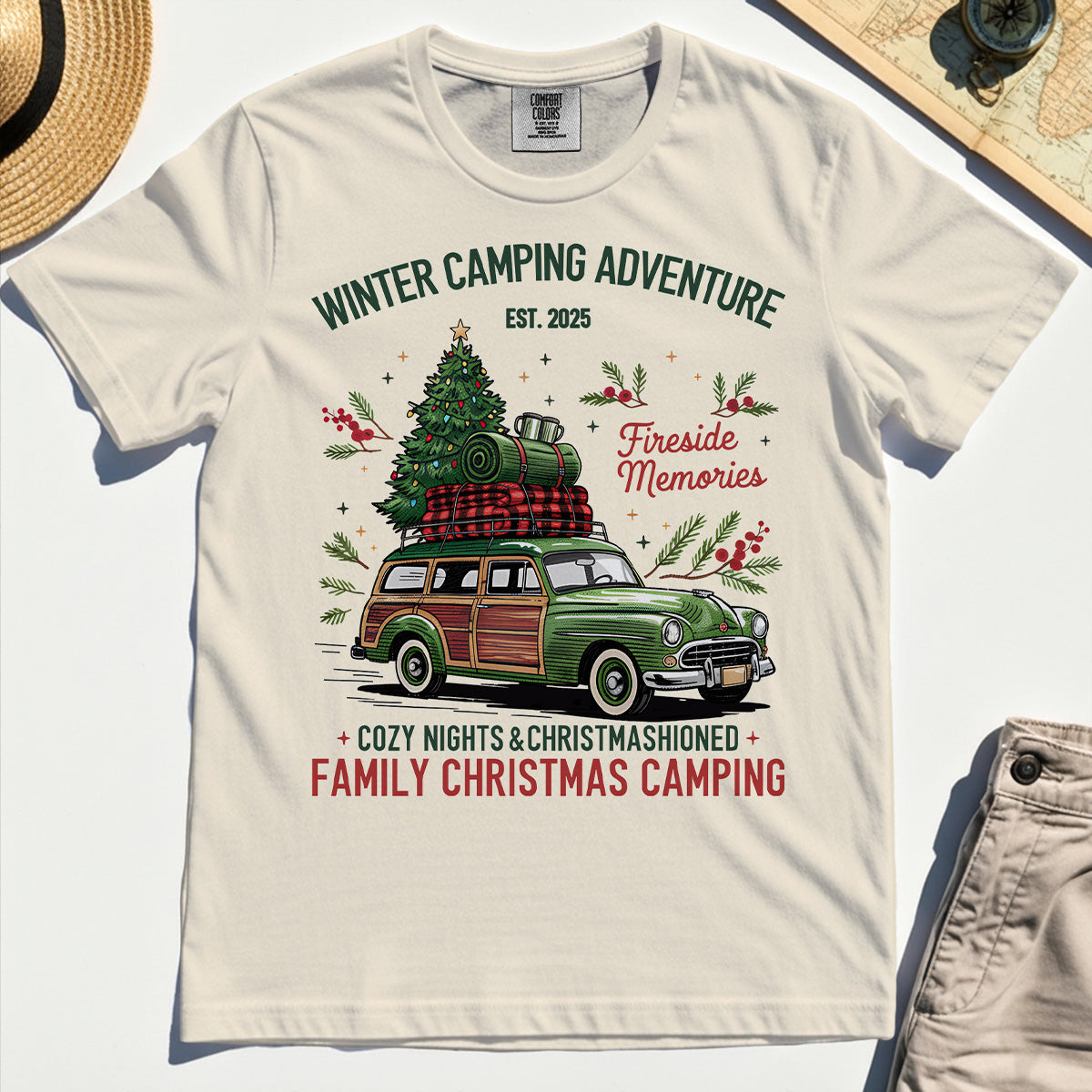 Winter Camping Adventure Comfort Tee, Retro Car with Tree Family Christmas Camping Comfort Color Tee 7
