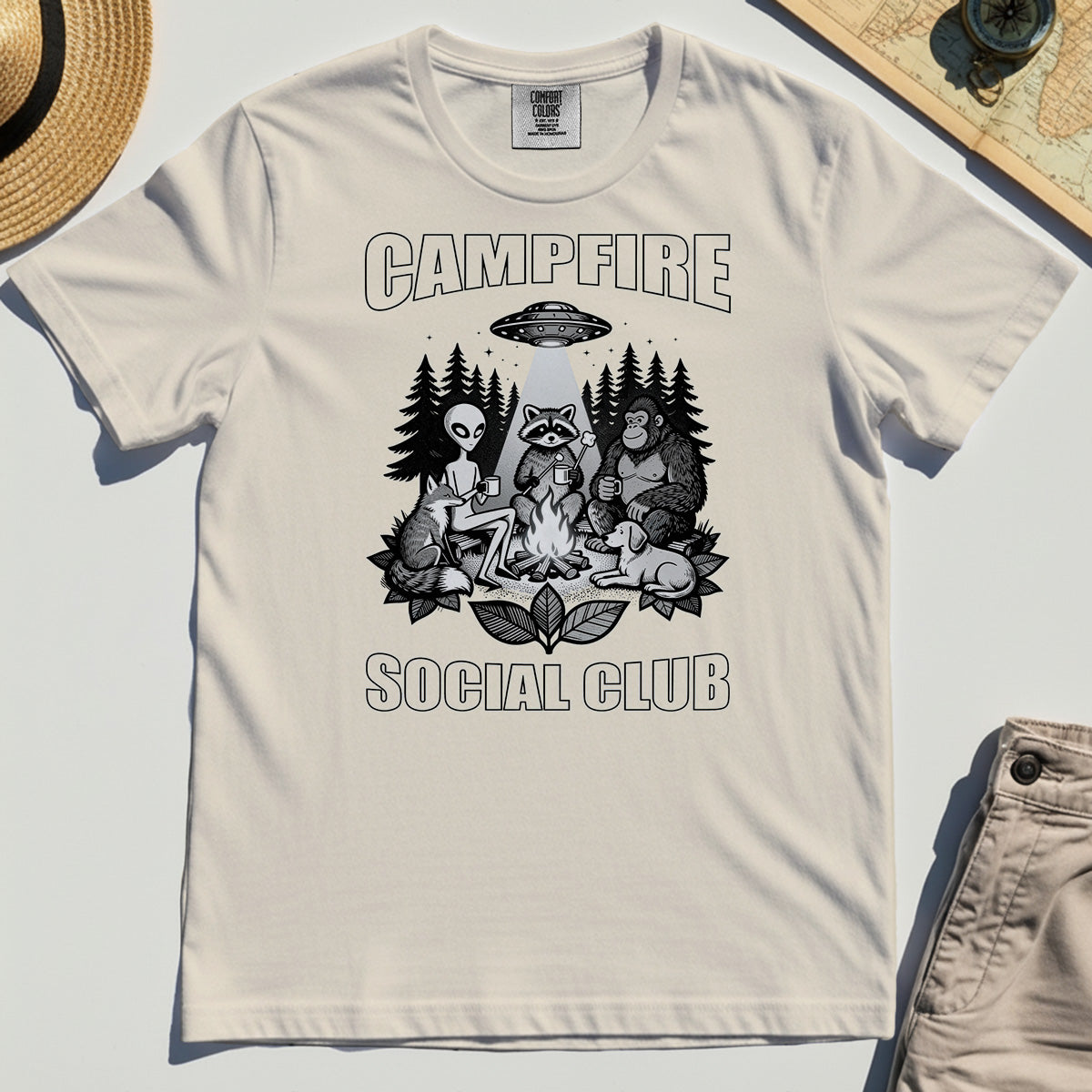 Campfire Social Club With Alien, Bigfoot, UFO And Raccoon Comfort Color Tee 7