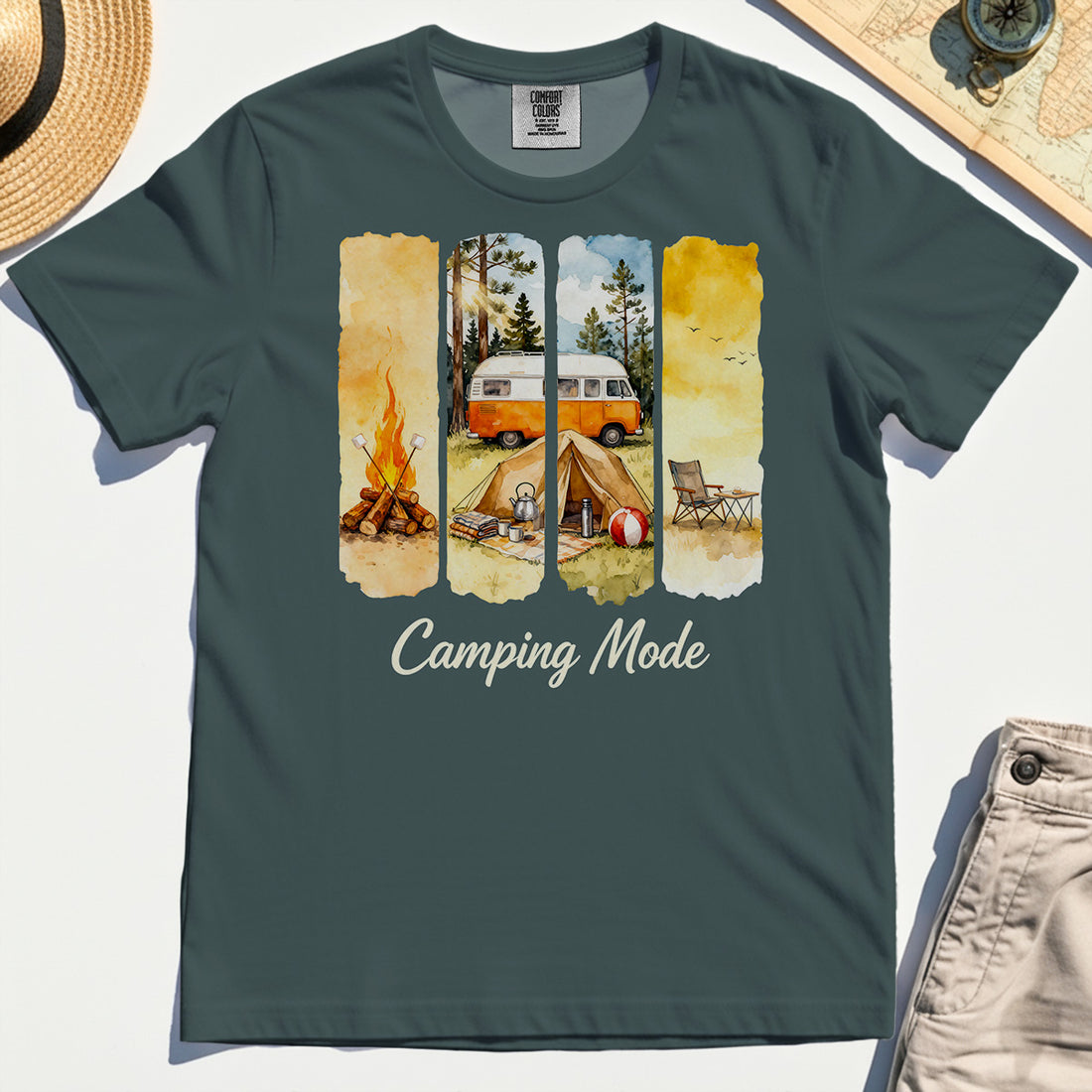 Van Life and Campfire Comfort Tee, Watercolor Campfire and Tent Graphic Comfort Tee For Outdoor Lovers 1