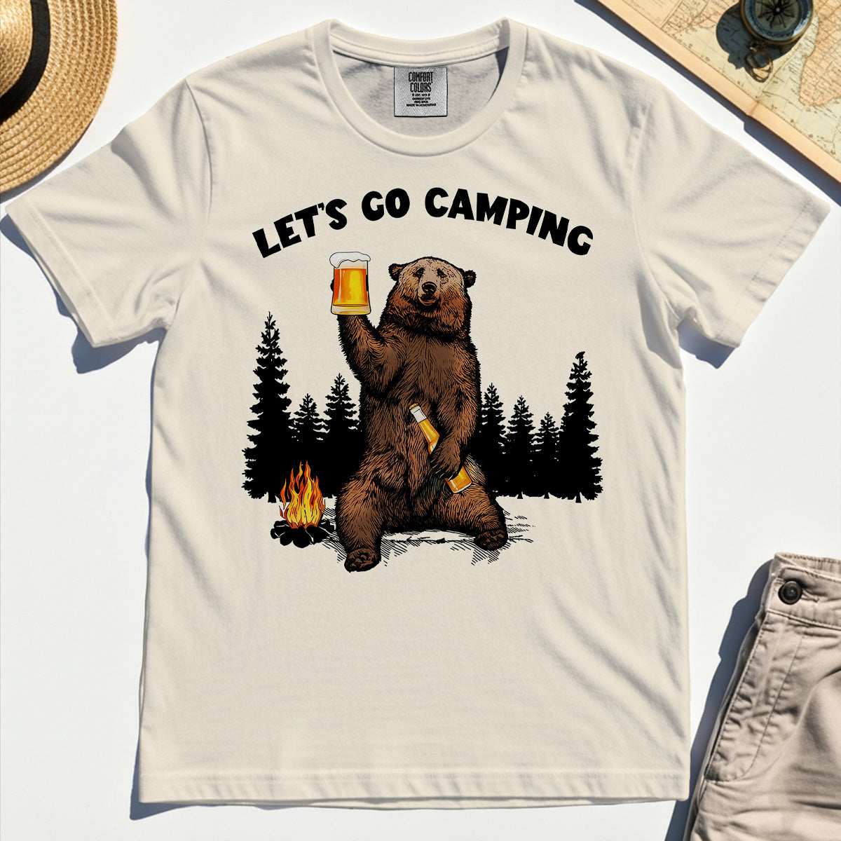 Let’s Go Camping Comfort Tee, Funny Beer Drinking Bear Graphic Comfort Color Tee For Outdoor & Camping Lovers 8