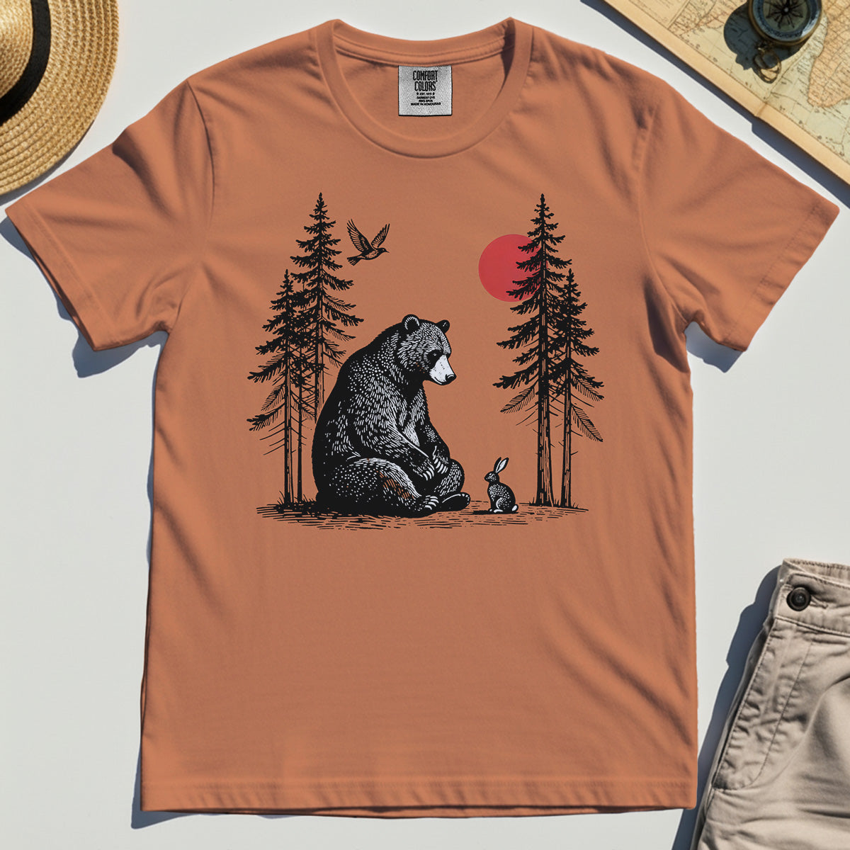 Bear and Bunny Under Red Sun Comfort Tee, Vintage Forest Nature Graphic Comfort Color Tee, Wildlife Art Comfort Tee For Outdoor Lovers 8