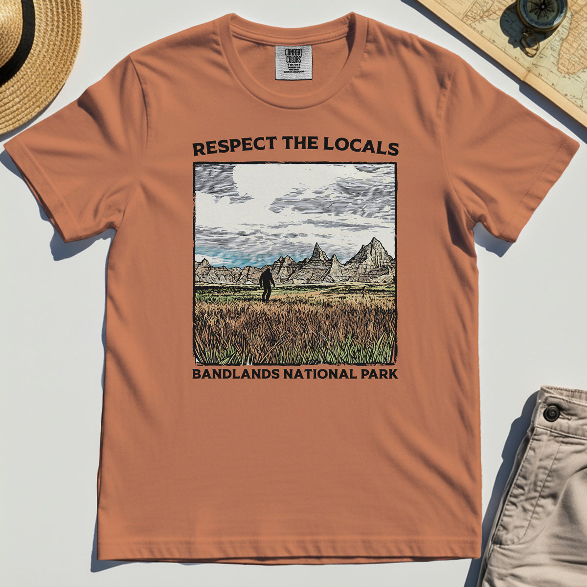 Sasquatch Respect The Locals Comfort Tee, Bigfoot Hiking Through Badlands National Park Comfort Color Tees 8