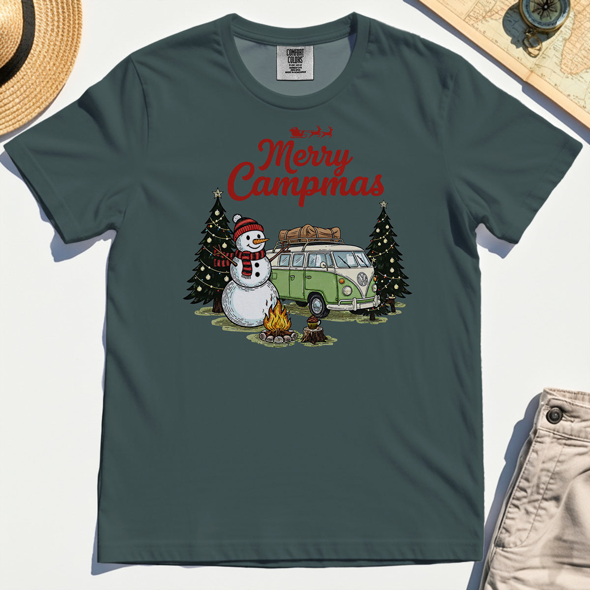 Funny Merry Christmas Camping Comfort Tee, Retro Camper Van Snowman Campfire Comfort Color Tee For Outdoor Lovers 5