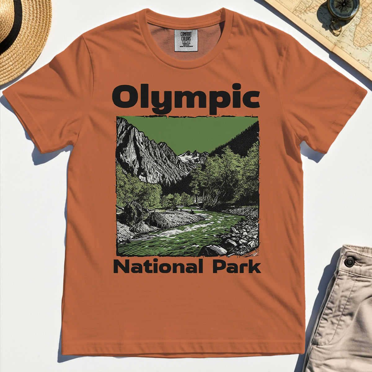 Olympic National Park Comfort Tee, Vintage Mountain River Scene Comfort Color Tee For Outdoor Adventure Campers 8