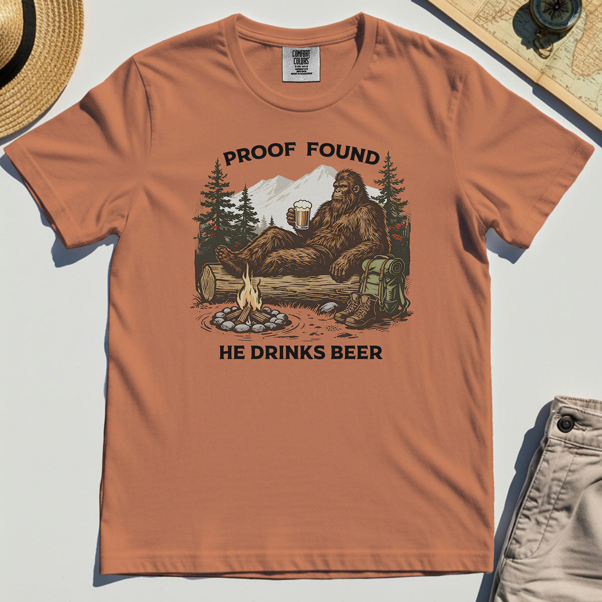 Funny Bigfoot "Proof Found He Drinks Beer" Camping Comfort Tee, Sasquatch Beer Lover Comfort Color Tee For Campers 8