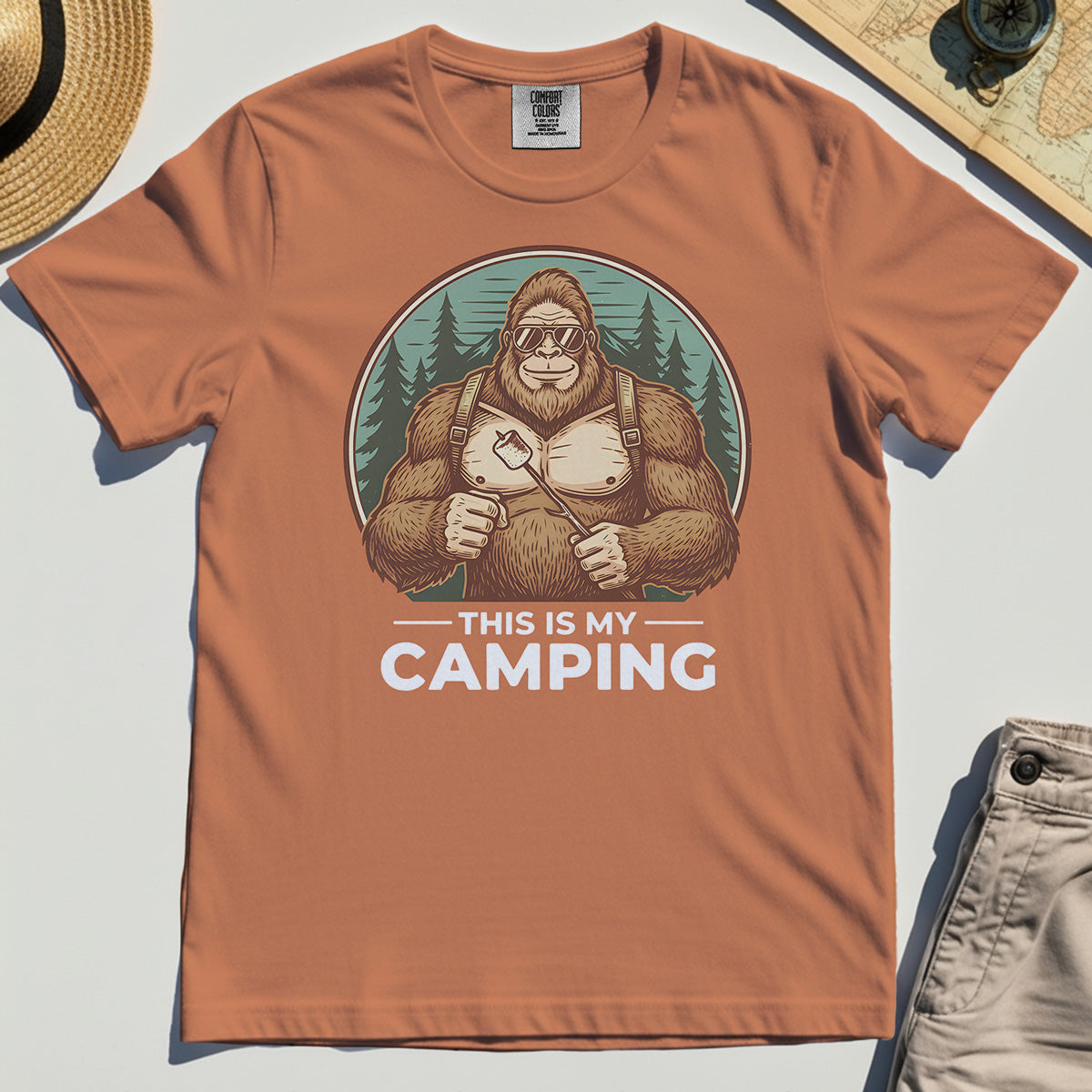 Funny Bigfoot Camping Comfort Tee "This Is My Camping”, Sasquatch With Marshmallow Comfort Tee 8