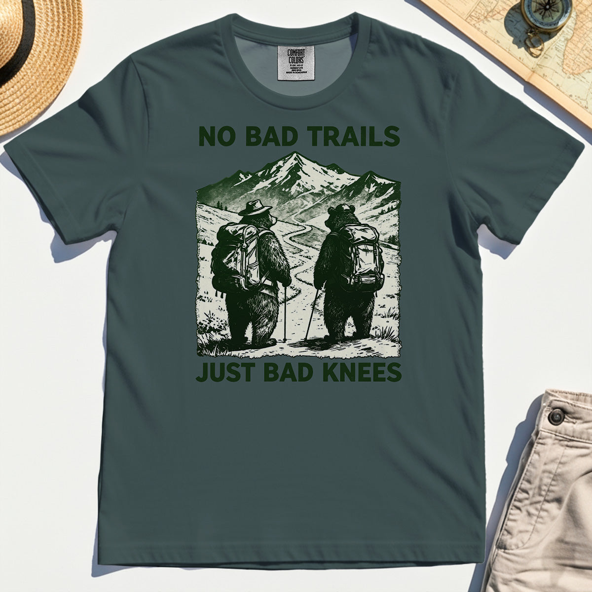 No Bad Trails Just Bad Knees Comfort Tee, Vintage Bear Backpacking Comfort Tees For Campers and Outdoor Enthusiasts 4