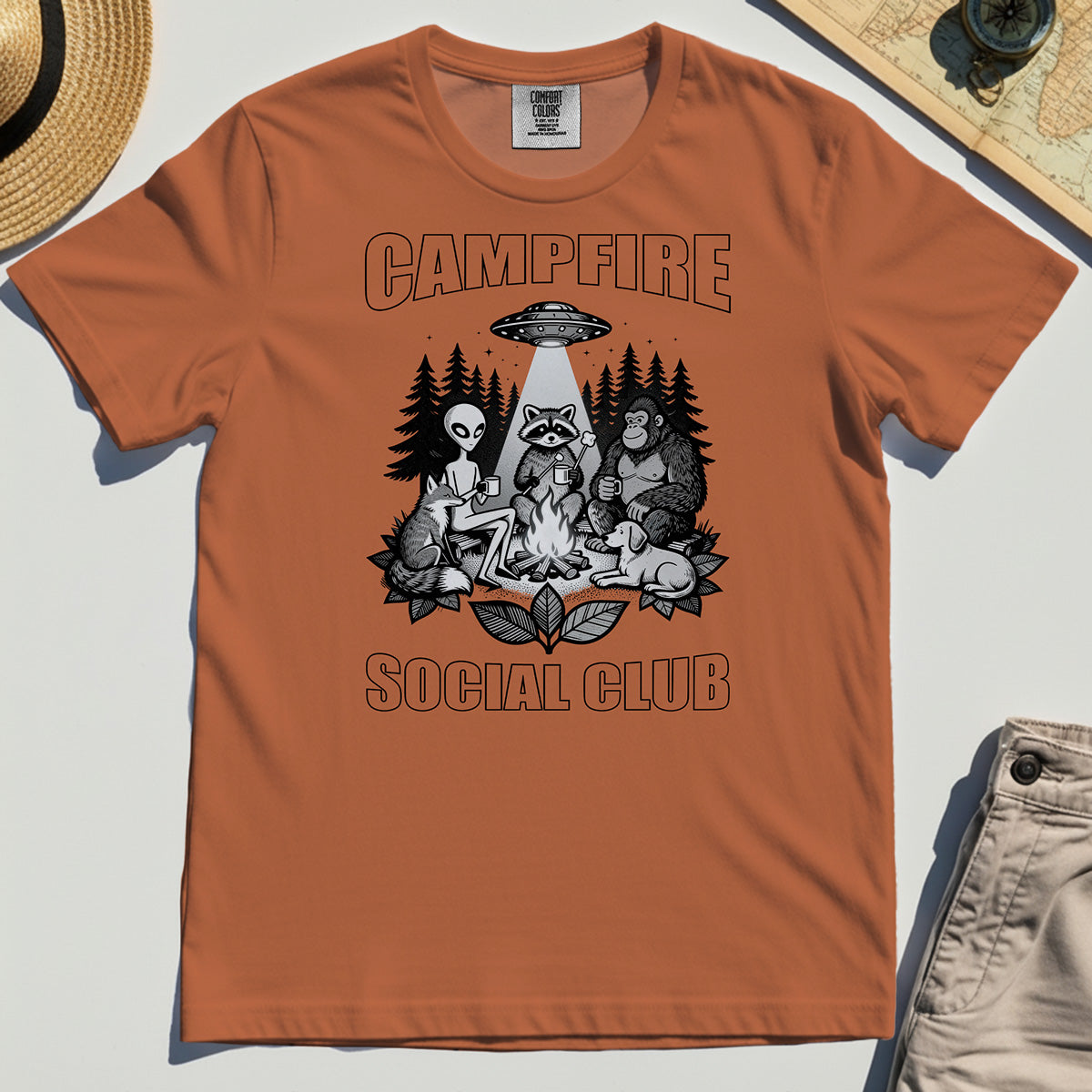 Campfire Social Club With Alien, Bigfoot, UFO And Raccoon Comfort Color Tee 8